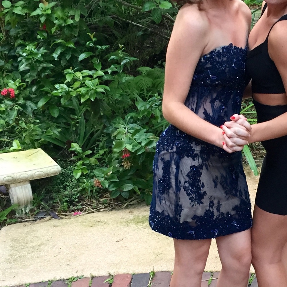 Navy strapless beaded jovani cocktail